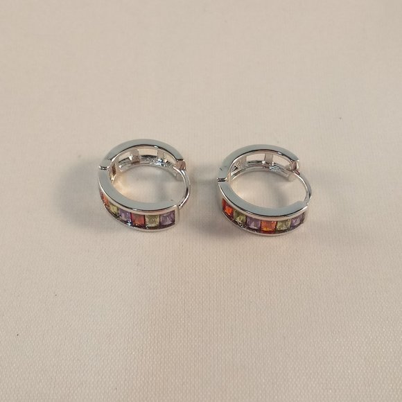 18K White Gold Filled Multi Color Diamond Zircon Hoop Huggies Earrings 12mm Gift - Picture 3 of 3